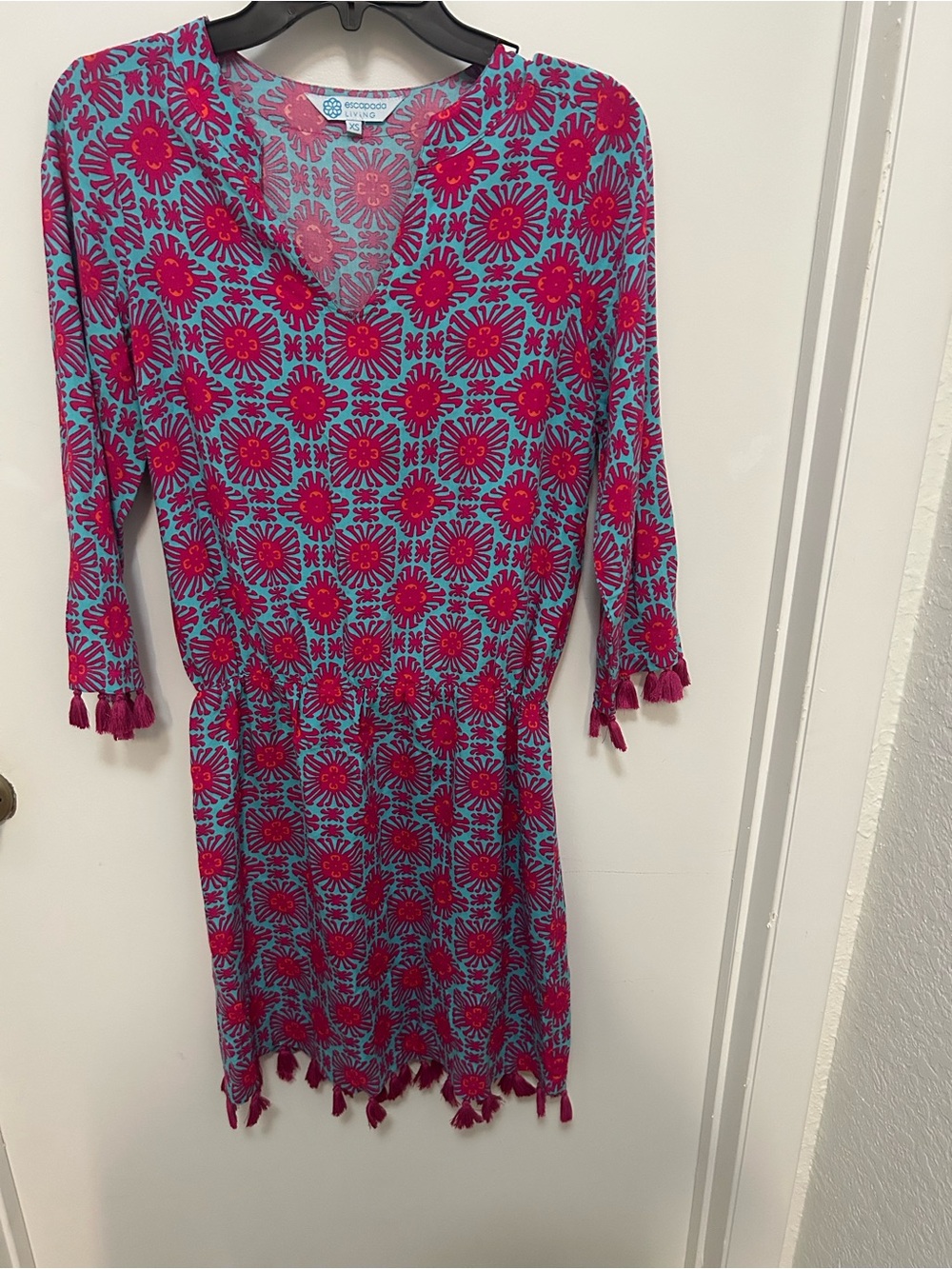 escapada Teal Dress with Pink Floral Print and Tassels